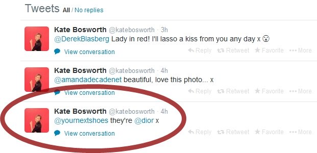 Kate Bosworth confirms on Twitter that her standout LAX pumps are by Dior, replying directly to Best Quality Luxury Shoes Online Store with a simple and stylish “they’re @dior x”