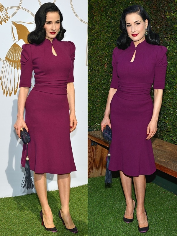 Dita Von Teese exudes vintage elegance in a figure-hugging, deep purple Carolina Herrera dress paired with matching satin Christian Louboutin heels and a tassel-embellished clutch