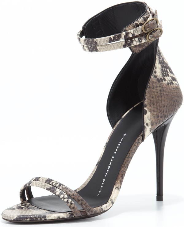 Giuseppe Zanotti Snake-Print Ankle-Wrap Sandals in Gray, featuring a slim stiletto heel and double-buckle ankle strap for a sleek, textural finish