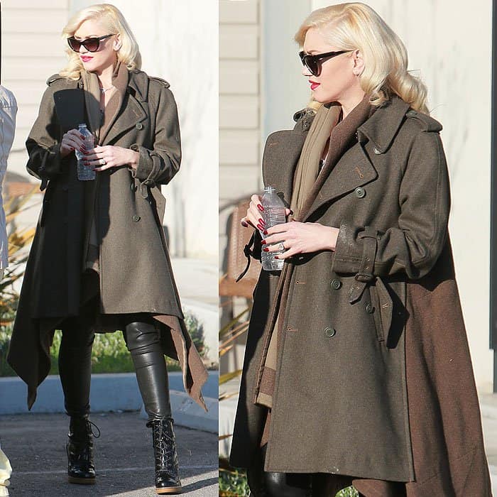 Gwen Stefani showcases edgy maternity style in leather skinny jeans, lace-up combat boots, and an oversized military-inspired coat while out in downtown Los Angeles