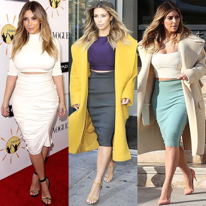 Kim Kardashian pairs her signature crop top dresses with elegant heels, showcasing how footwear choice elevates her curvy silhouette for various occasions, from charity galas to city outings
