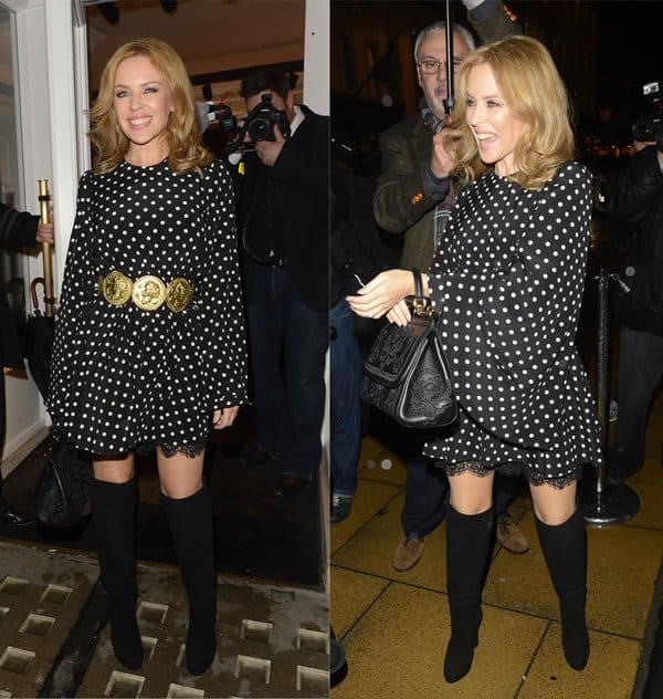 Kylie Minogue was a sight to behold in a black-and-white polka-dot blouson-sleeved dress at the Dolce Gabbana London Collections: Men event