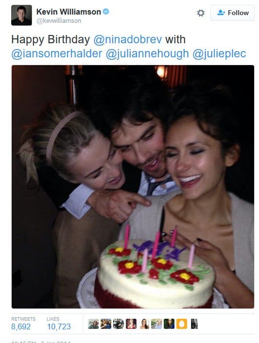 Nina Dobrev celebrates her birthday with friends Ian Somerhalder and Julianne Hough, enjoying a beautiful cake and joyous moments together