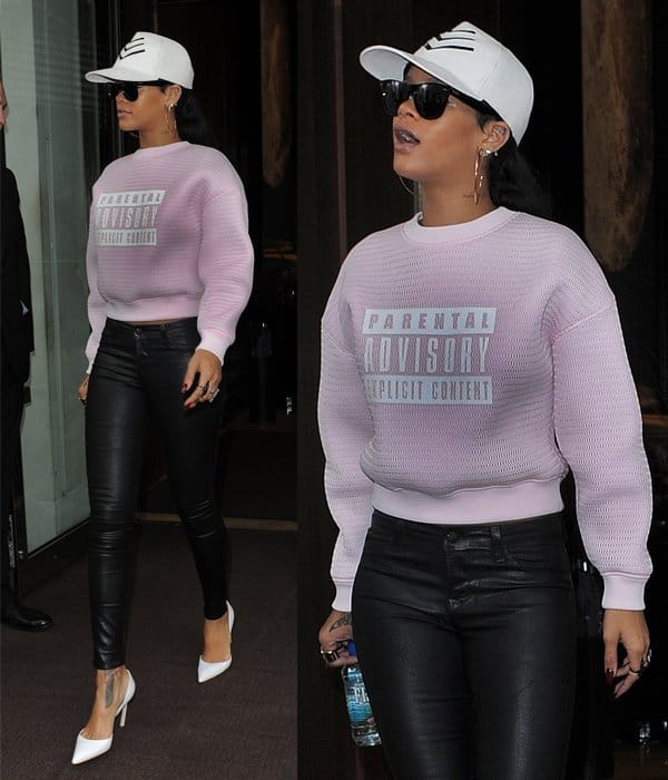 Rihanna in leather pants and boxy sweater, September 11, 2013
