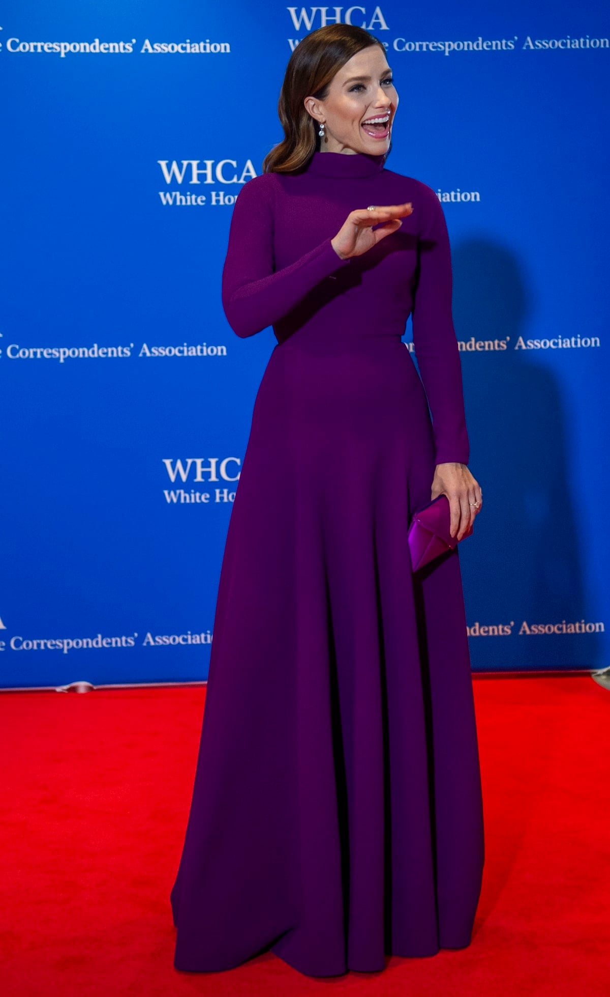 Sophia Bush in a purple Emilia Wickstead high-neck gown at the 2022 White House Correspondents' Association Dinner at the Washington Hilton on April 30, 2022, in Washington, DC.