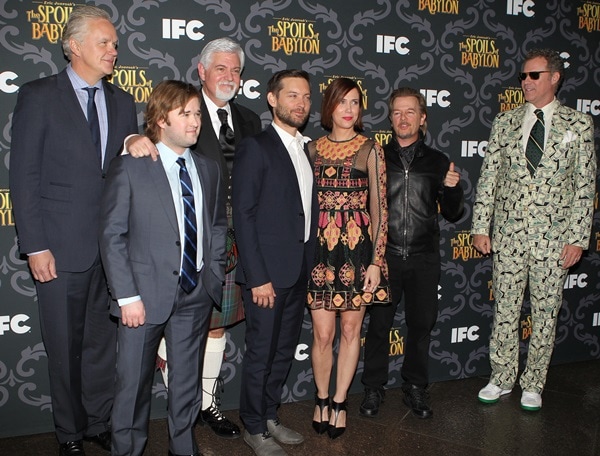 Tim Robbins, Haley Joel Osment, Steve Tom, Tobey Maguire, Kristen Wiig, David Spade, and Will Ferrell all pose for photos at a screening of "The Spoils of Babylon"