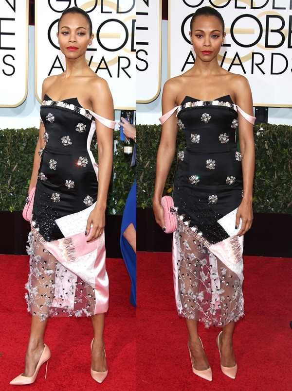 Zoe Saldaña poses at the 71st Annual Golden Globe Awards held at The Beverly Hilton Hotel in Los Angeles on January 12, 2014