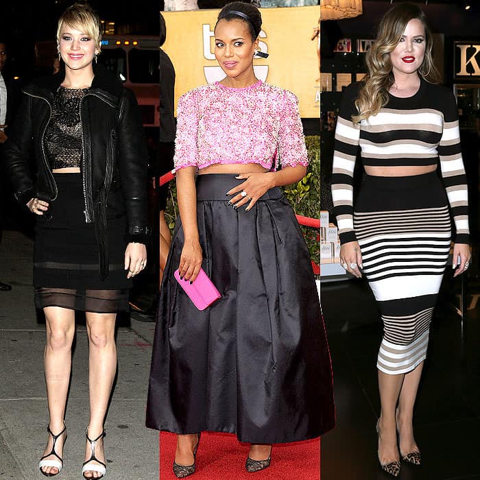 Jennifer Lawrence, Kerry Washington, and Khloé Kardashian demonstrate how diverse footwear choices complete their chic crop top ensembles, exuding confidence and style at notable events