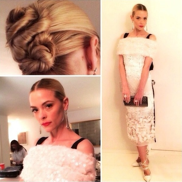 This image is a collage featuring Jaime King, with two close-ups of her hair and makeup, and one full-body shot showcasing her elegant white dress with a faux fur detail
