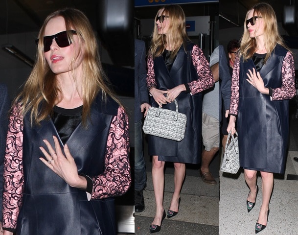 Kate Bosworth arriving at LAX in Los Angeles on January 21, 2014, wearing Dior rose-appliqué pointy pumps that perfectly complemented her chic leather and lace ensemble