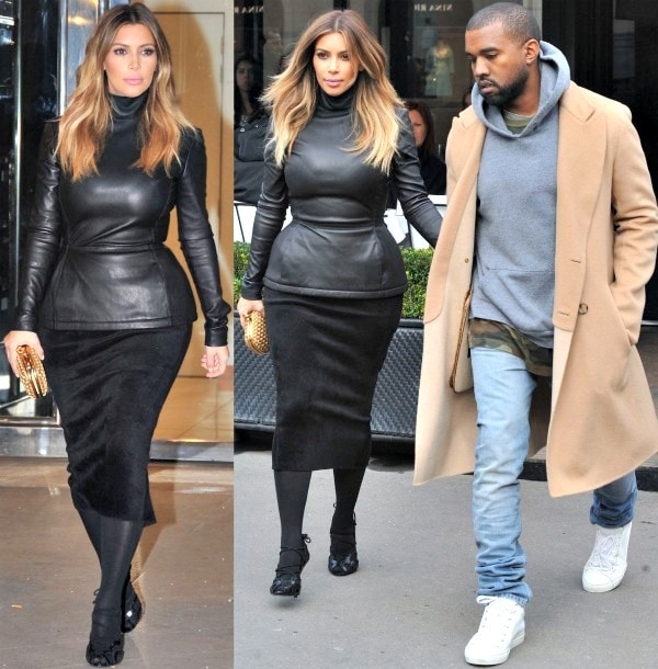 Kim Kardashian stuns in lace-up black heels paired with a sculpted leather peplum top and velvet skirt, while Kanye West keeps it casual-chic in white high-top sneakers, light jeans, and a camel coat layered over a hoodie