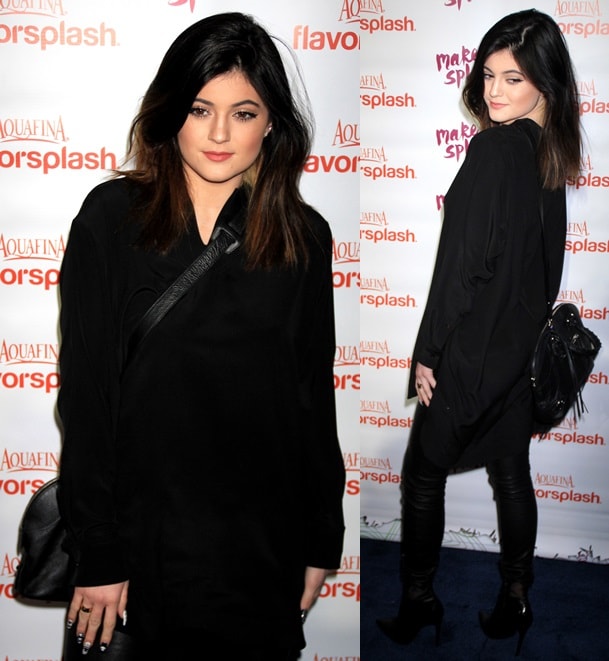 Kylie Jenner with a textured purse slung across her body