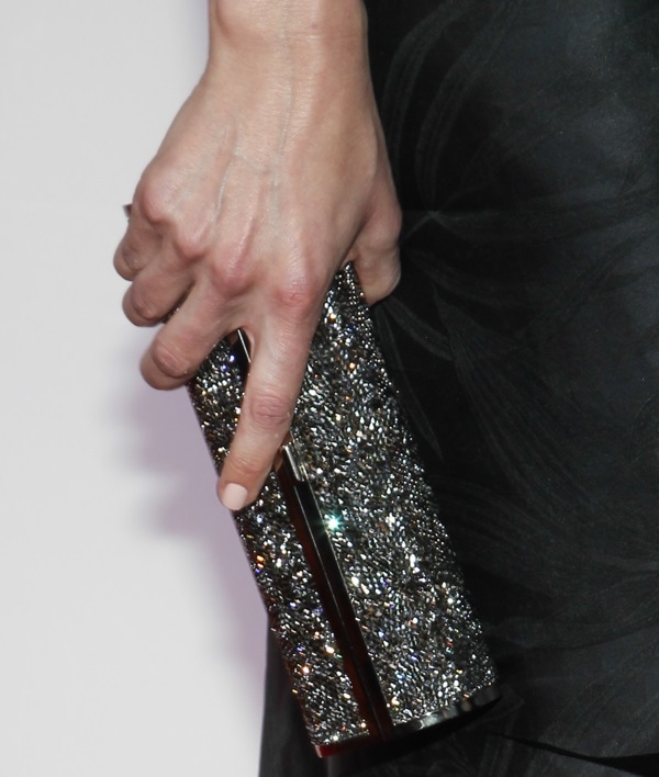 Leslie Bibb toting a crystal-encrusted barrel clutch