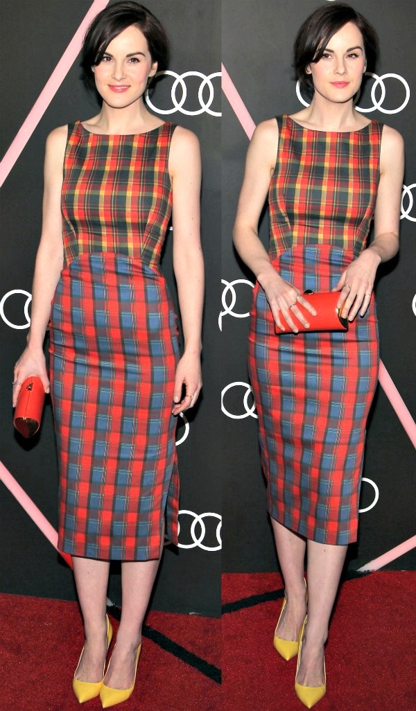 Michelle Dockery proves that bold colors and timeless silhouettes never go out of style at Audi's pre-Golden Globes party in 2014, wearing an Altuzarra dress with vibrant Christian Louboutin "Batignolles" pumps