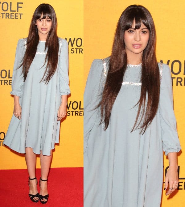 Zara Martin in a shapeless powder blue dress at 'The Wolf of Wall Street' UK premiere, Odeon Leicester Square, London, January 9, 2014