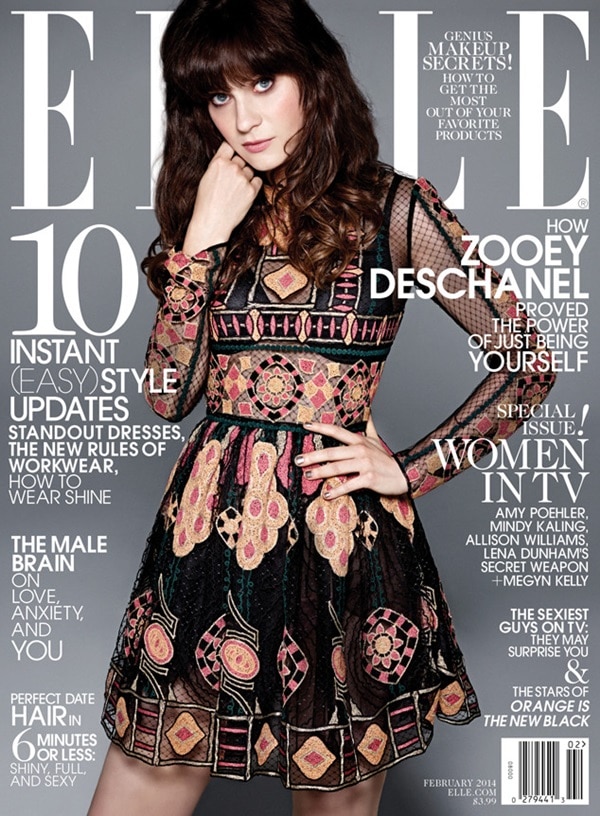 On the February 2014 cover of Elle, Zooey Deschanel reinterprets the same embroidered dress with a distinctly whimsical, mod-leaning attitude