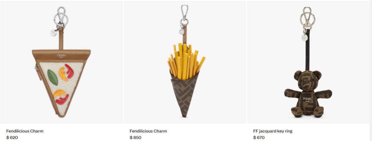 Fendi’s keychain collection continues to blend luxury with playfulness, featuring quirky designs like a pizza slice, french fries, and the signature FF jacquard teddy bear