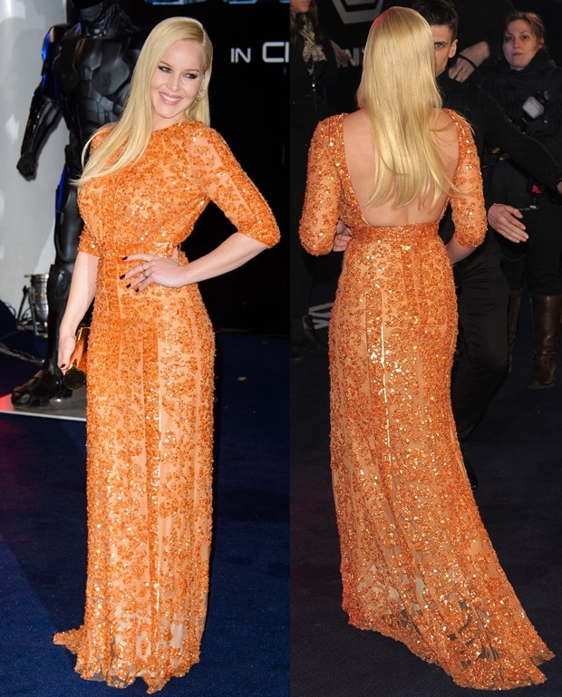 Abbie Cornish completes her Elie Saab sequined gown with understated heels from Shiekh Shoes, allowing the rich tangerine embellishment and fluid hemline to command attention with every step