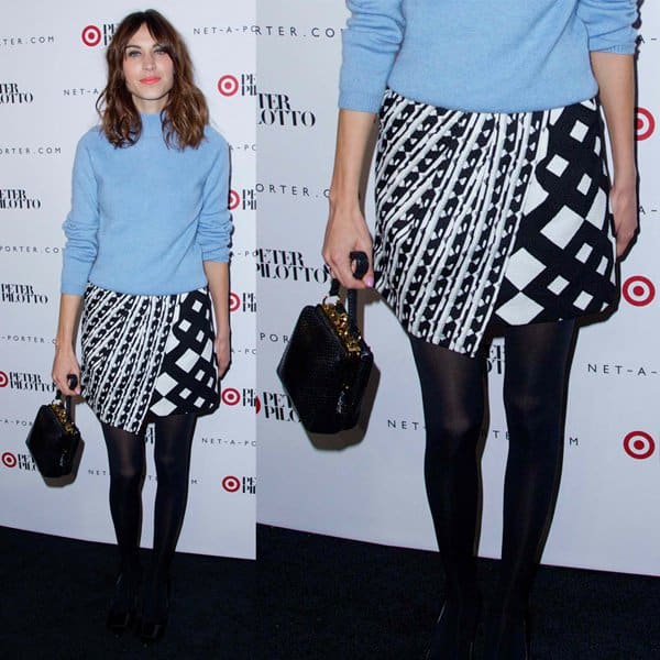 Alexa Chung carries the chic Dolce Gabbana Agata handbag at a private shopping event in NYC on February 6, 2014