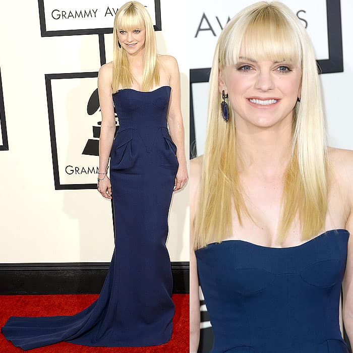 Anna Faris in a navy Fitriani strapless dress, Giuseppe Zanotti shoes, and Sutra jewelry at the 56th Grammy Awards
