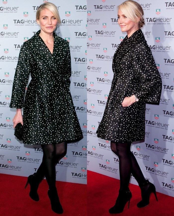 Cameron Diaz stuns on the red carpet in a jacquard Giambattista Valli coat, pairing it with sleek black tights and statement ankle-wrap platform pumps that add height and elegance to her look