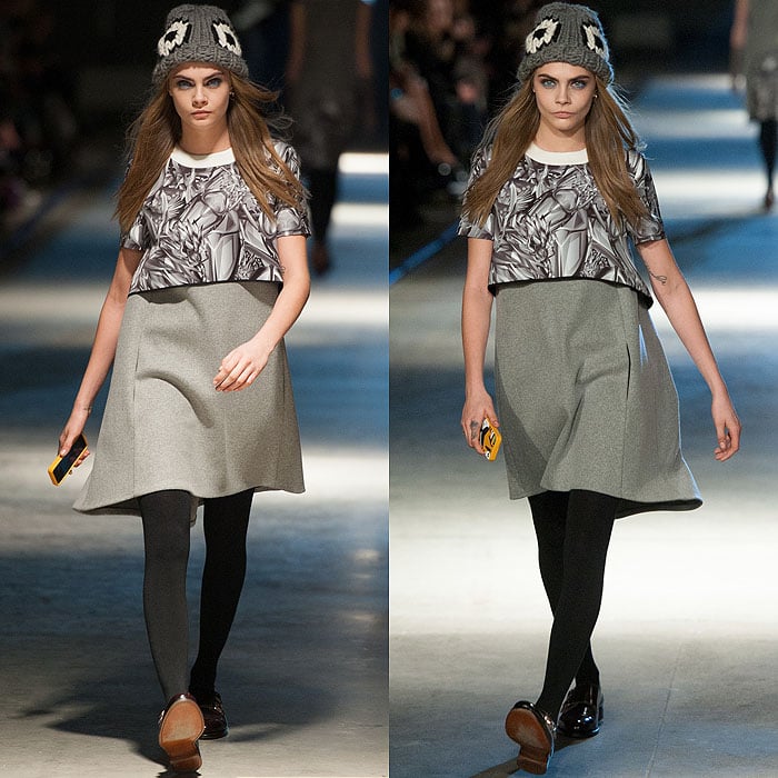 Cara Delevingne on the catwalk of the Giles Fall 2014 fashion show