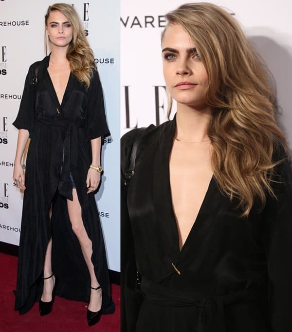 Cara Delevingne turns heads in a plunging black kimono-style dress paired with ankle-strap pointed-toe pumps at the ELLE Style Awards in London on February 18, 2014