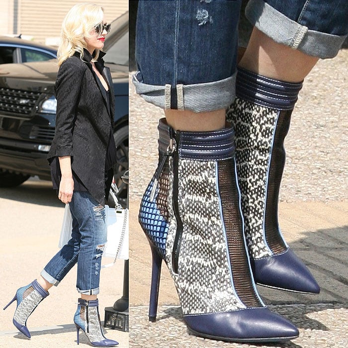 Gwen Stefani wearing blue mesh booties