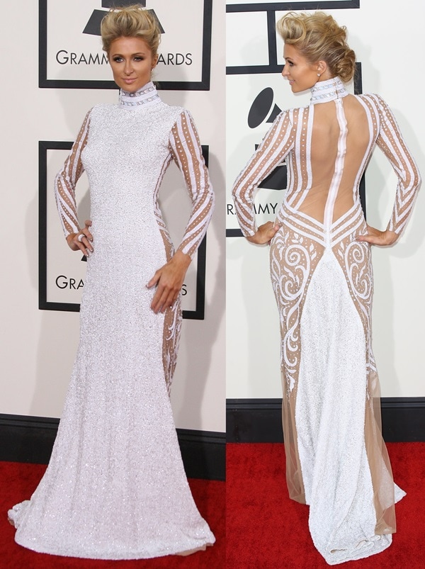 Paris Hilton arrives at the 2014 Grammy Awards in a sheer, heavily embellished Haus of Milani gown with dramatic illusion panels and an open-back silhouette