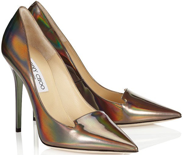 Jimmy Choo “Ari” pumps in Disco Mirror leather — sleek pointed-toe heels with a holographic finish that shift color under the light
