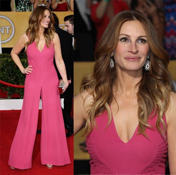 Julia Roberts stuns in a custom Valentino jumpsuit at the 20th Annual Screen Actors Guild Awards, highlighting the elegance of wide-legged onesies