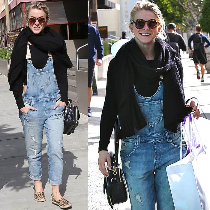 Julianne Hough steps out in a laidback denim overalls look, seen shopping on Robertson Boulevard in Los Angeles on February 2, 2014