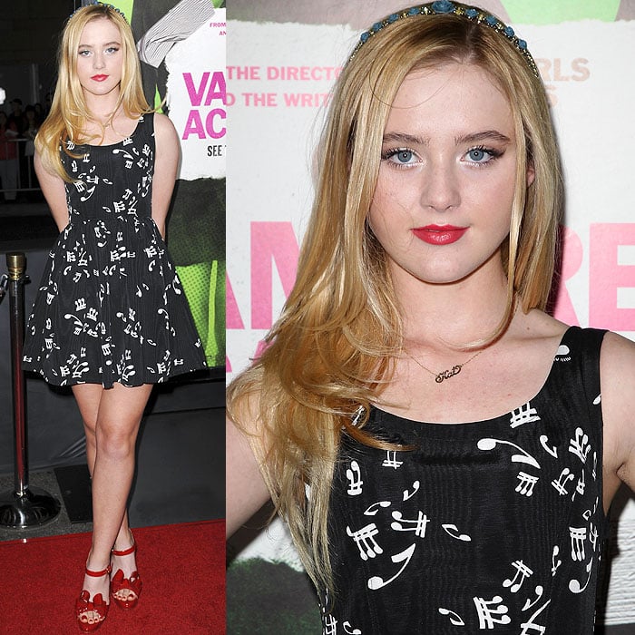 Kathryn Newton in a Miu Miu music-note-printed flared dress