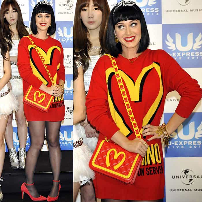 Katy Perry is pictured at the U-Express Live 2014 press conference on March 2, 2014, in Saitama, Japan, wearing a playful red knit mini-dress from Moschino's Fall 2014 collection