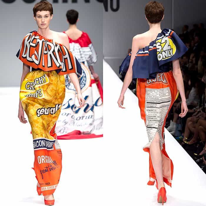 Moschino's Fall 2014 collection boldly transforms everyday snack packaging into high fashion, featuring playful dresses that mimic the vibrant graphics and textures of chip bags, complete with a one-shoulder silhouette and a flowing train