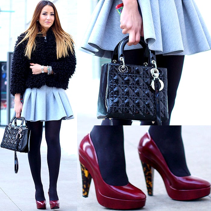 Model wears tortoise-shell-heeled pumps