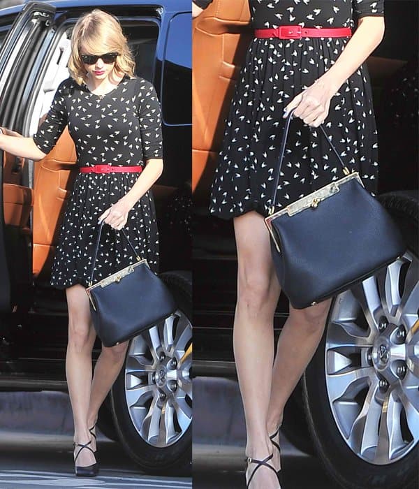 Taylor Swift shows off her ASOS skater dress and favorite Dolce Gabbana "Sara" bag in Santa Monica on February 23, 2014