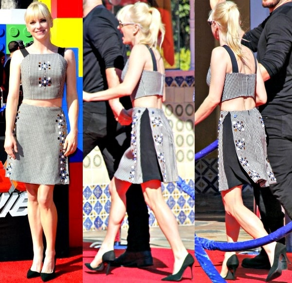 Anna Faris in an embellished two-piece outfit from Tanya Taylor