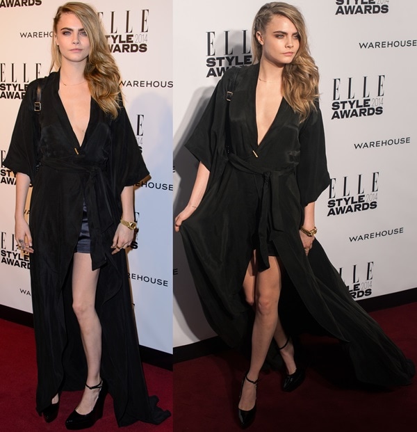 Cara Delevingne elevated her vintage-inspired black gown with Burberry Prorsum “Chatsworth” patent platform wedges, featuring sculpted curved platforms, pointed toes, and delicate ankle straps for a bold yet refined finish