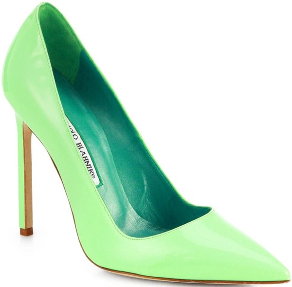 Manolo Blahnik’s iconic “BB” pumps in glossy mint patent leather, featuring a sleek pointed toe, slim stiletto heel, and timeless silhouette beloved by celebrities