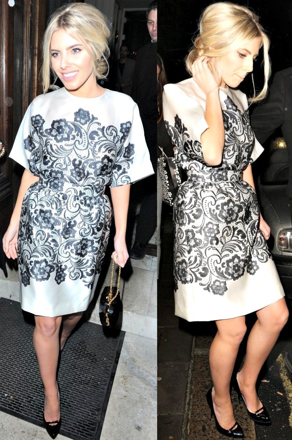 Mollie King keeps her look polished and understated, finishing a black-and-white Dolce Gabbana dress with classic black patent Gucci “Beverly” pumps that quietly anchor the ensemble with timeless elegance