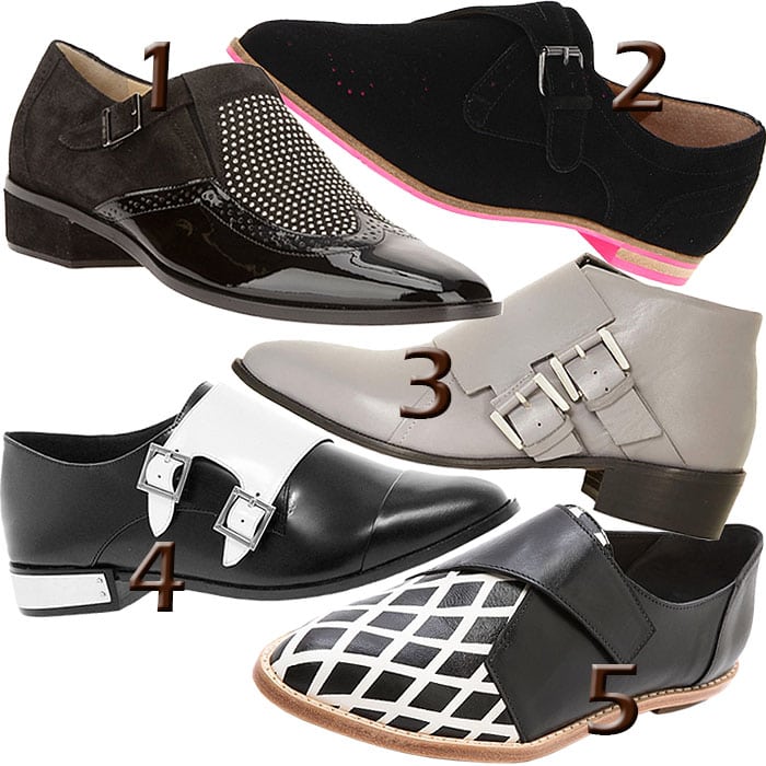 1. Jimmy Choo Studded Monk Shoes, $819.69 / 2. DV by Dolce Vita "Mellon" Monk-Strap Shoes, $79 / 3. Topshop "Adder" Double-Buckle Monk Boots, $155 / 4. KG by Kurt Geiger "Luther" Leather Monk Shoes, $225.83 / 5. Loeffler Randall "Grace" Monk-Strap Flats, $295