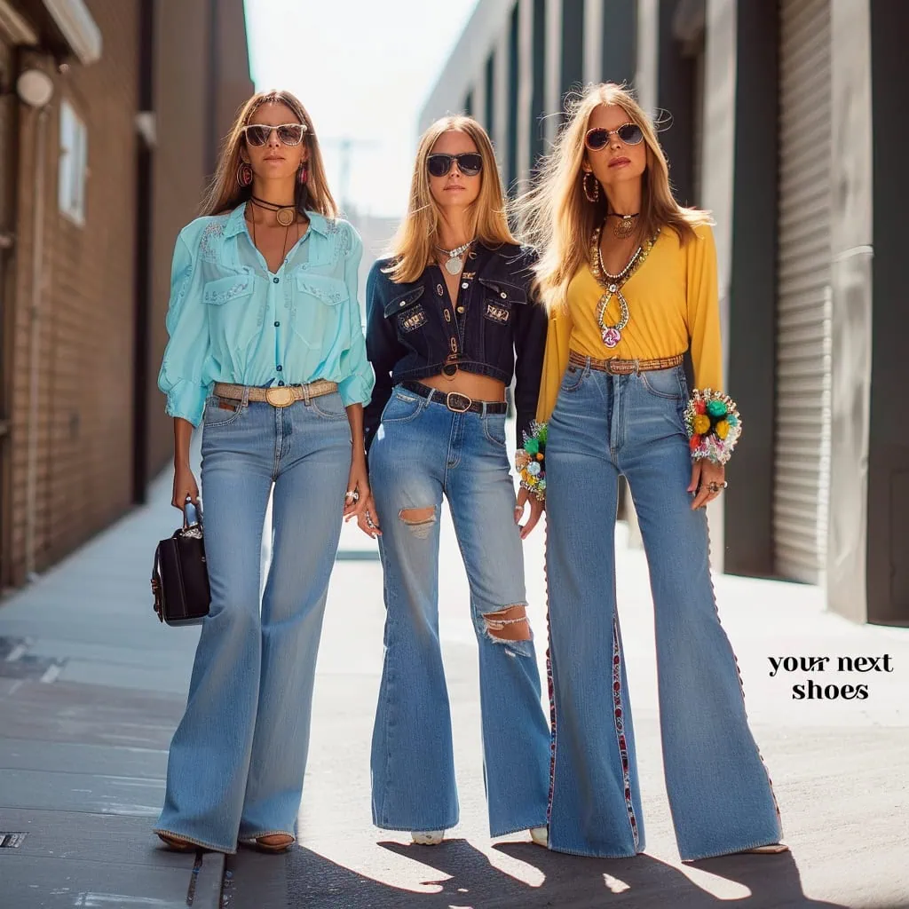 Elevate your street style by pairing flared jeans with chic button-down shirts, just like these fashion-forward women