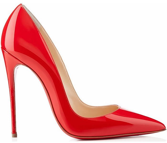 Christian Louboutin “So Kate” pumps in glossy red patent leather, featuring the brand’s signature razor-sharp toe and sky-high stiletto heel