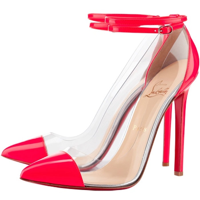 Christian Louboutin “Un Bout” pumps in vibrant red patent leather with transparent PVC panels, a pointed toe, and a towering stiletto heel