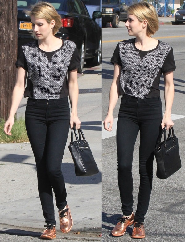 Emma Roberts in West Hollywood on March 19, 2014, wearing a patterned top and copper shoes