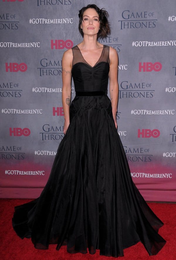 Lena Headey in a dramatic black Jenny Packham gown at the Game of Thrones Season 4 premiere at Lincoln Center in New York City on March 18, 2014 (Credit: WENN / Ivan Nikolov / PNP / Dennis Van Tine / Future Image)