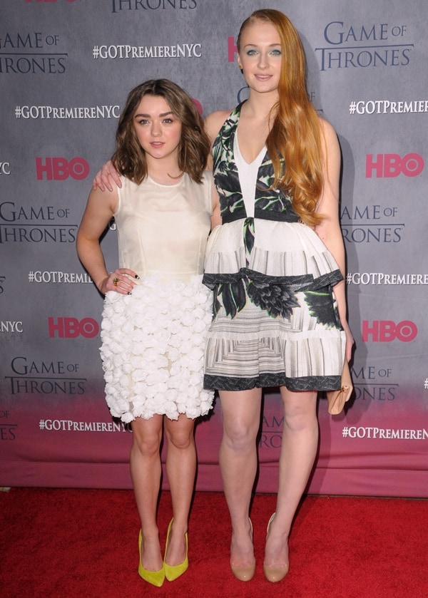 Maisie Williams and Sophie Turner flaunting their stylish outfits at the Game of Thrones Season 4 premiere at Lincoln Center in New York City on March 18, 2014 (Credit: WENN / Ivan Nikolov / PNP / Dennis Van Tine / Future Image)