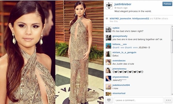 Justin Bieber's Instagram post of Selena Gomez, captioned "Most elegant princess in the world" – posted on March 3, 2014