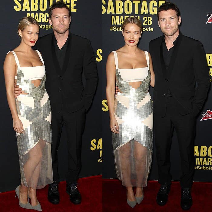 Lara Bingle and Sam Worthington at the Sabotage premiere, where Lara wore a striking Dion Lee dress featuring a unique beaded design